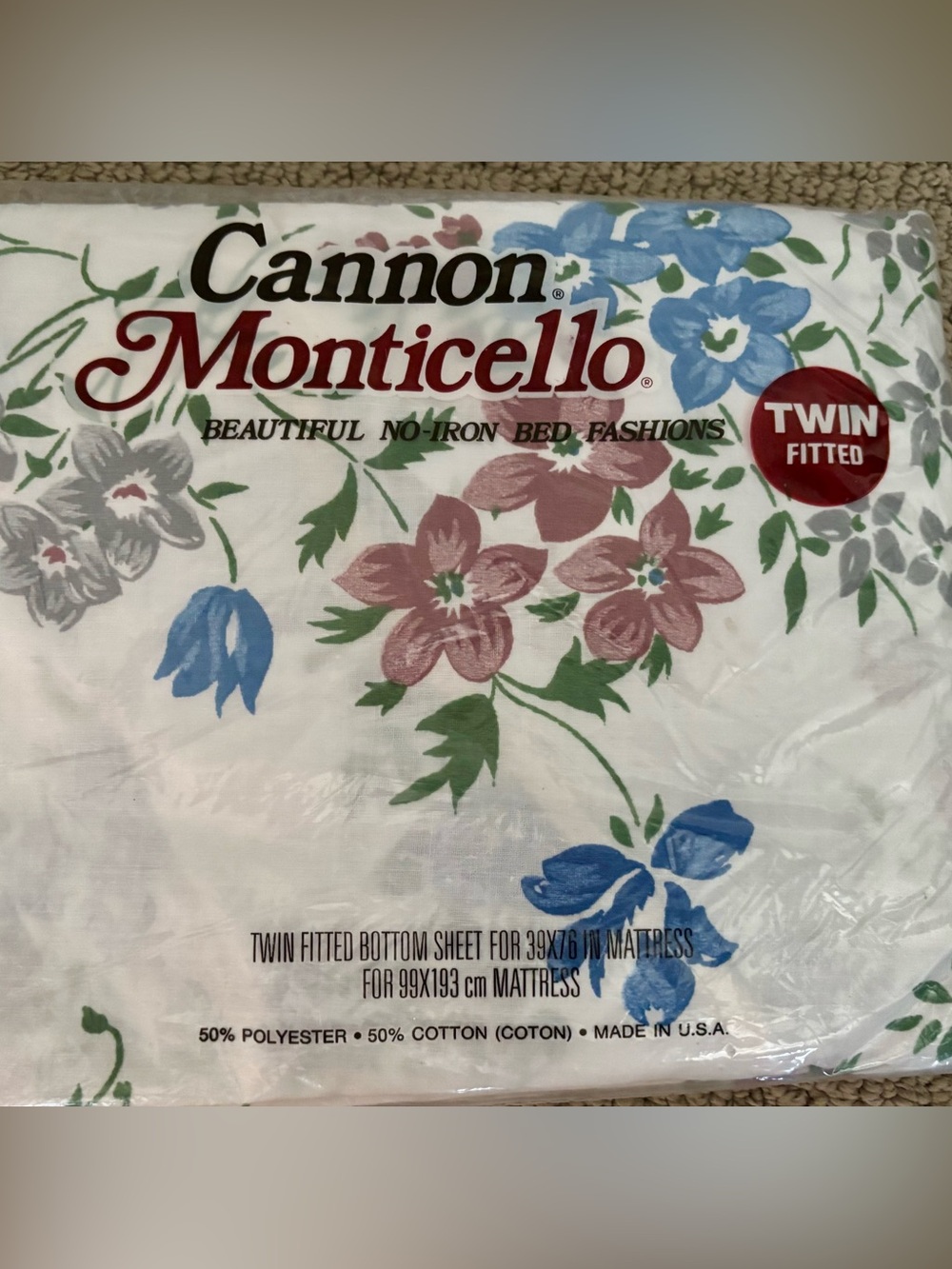 Vintage Cannon Monticello Twin Fitted Sheet soft blue/green/pink floral on white